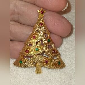 Art Deco Christmas Tree Pin Brooch Gold Tone with Glass Ornaments 1980’s